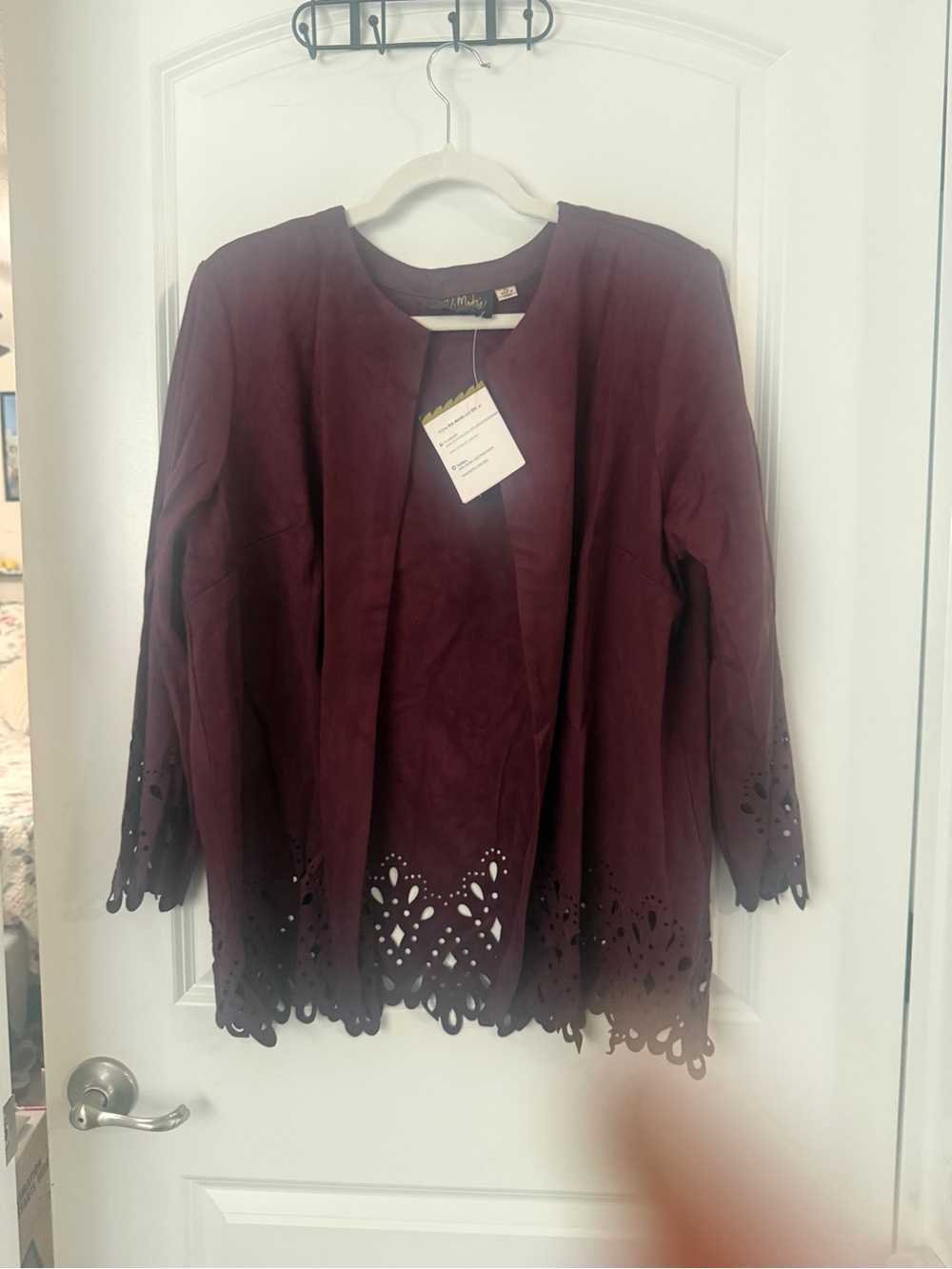 Bob Mackie Open-Front Laser-Cut Hem Jacket - Burgundy Suade